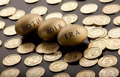 gold eggs with text "roth, 401k, ira" on top of gold coins