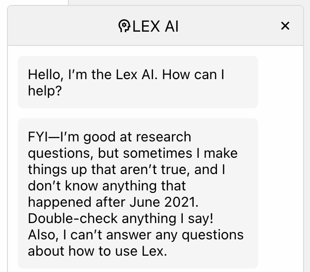 Lex AI introduces itself with a disclaimer that results need to be fact-checked.