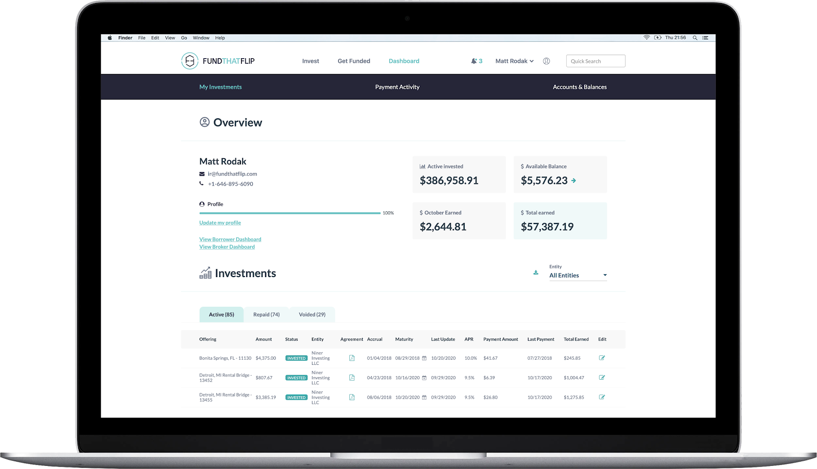 Fund That Flip's investor dashboard makes it easy to track and manage your investments.