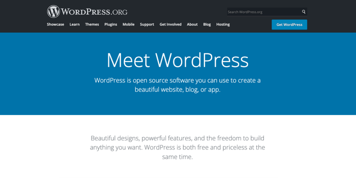 Wordpress open-source content management system for creating web, blogs and apps main landing page with "Meet Wordpress' title