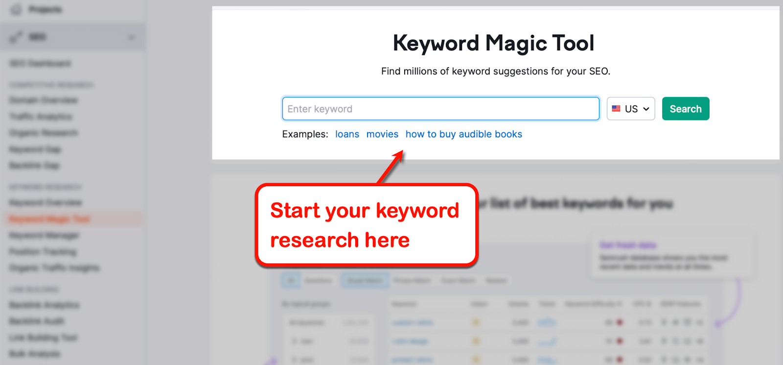 Empty box where you can enter your keyword in Semrush's Keyword Magic Tool