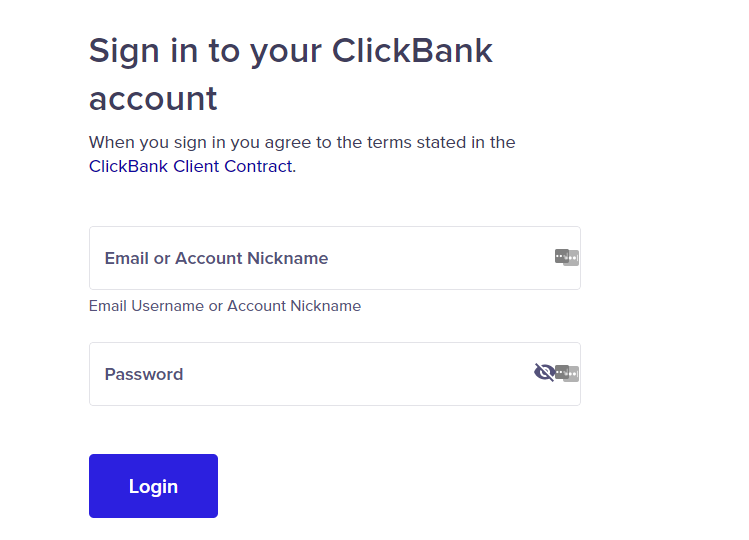 clickbank login page screenshot 