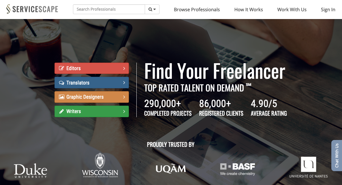 Screenshot of upwork alternative ServiceScape home page
