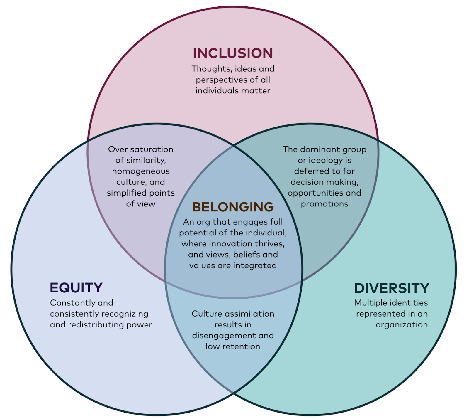 A Venn diagram that shows the intersection of 3 circles representing Inclusion, Equity and Diversity. The point where all three intersect is labeled 'Belonging'.