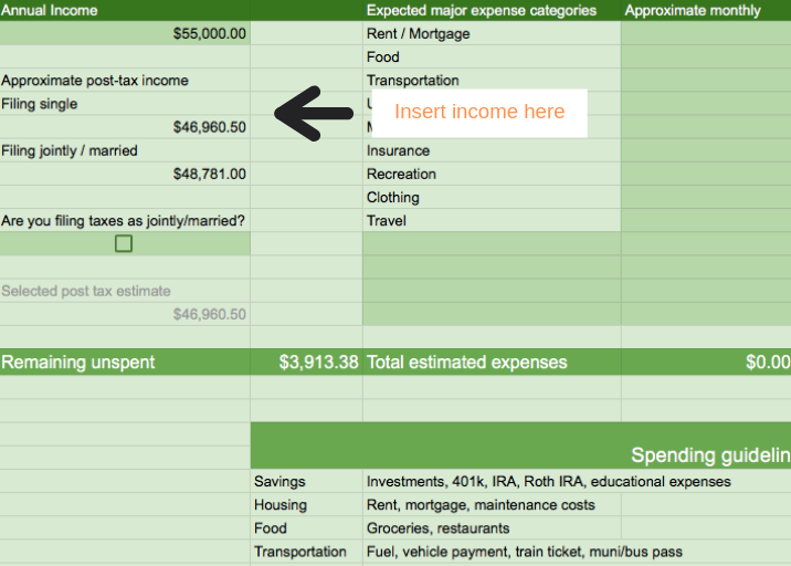 Google Sheets budget template income field how to