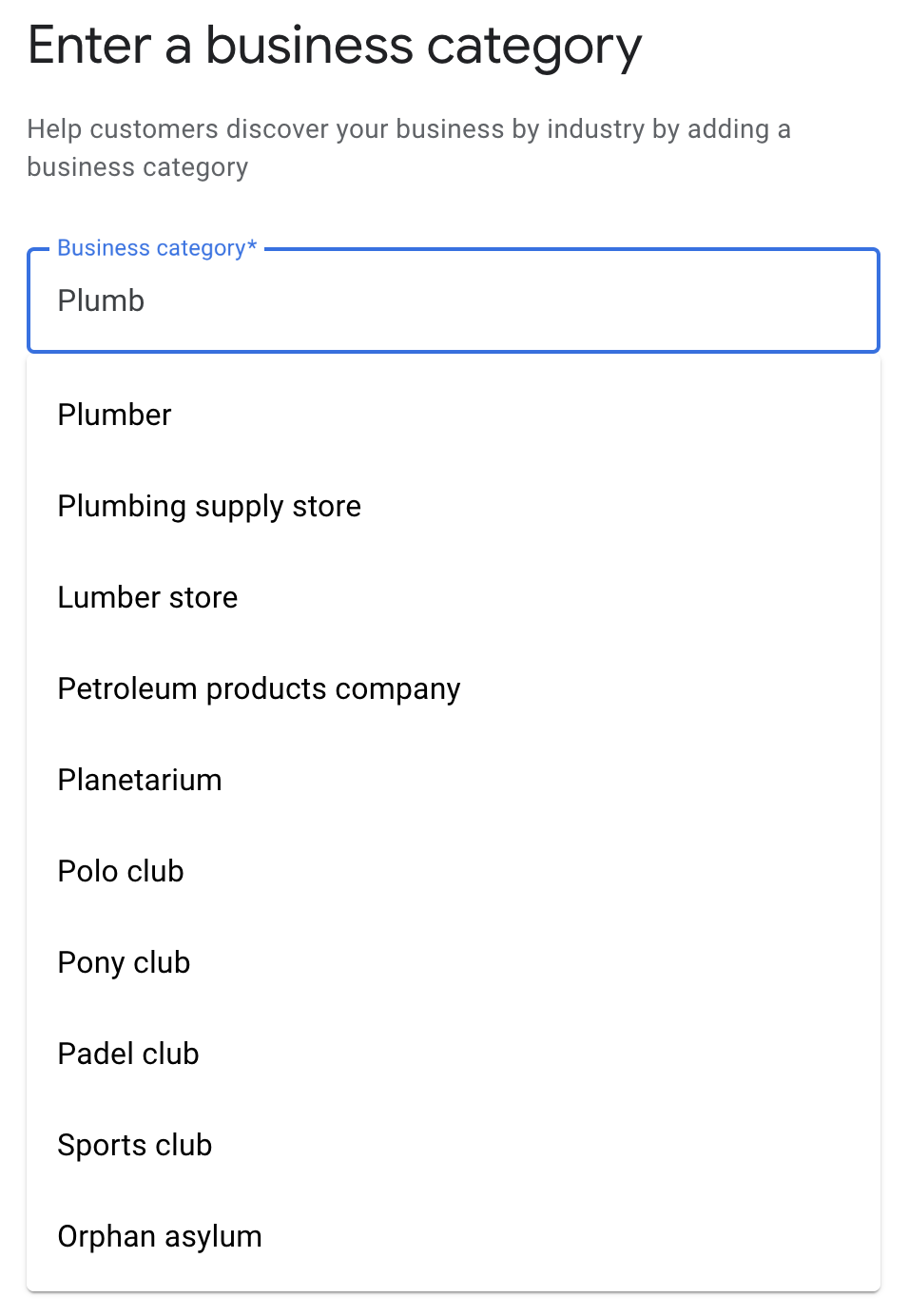 google business category