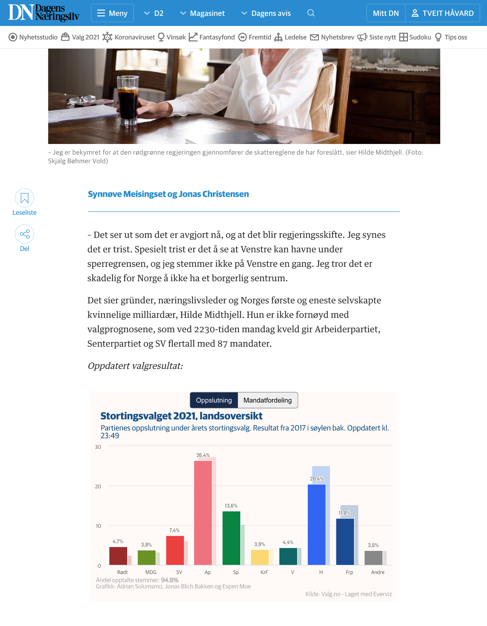 Screenshot of one of the articles with election chart