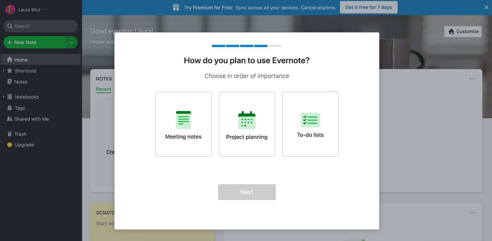 Evernote's order of importance onboarding page