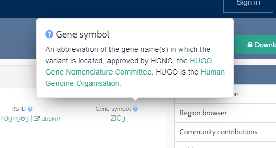 Gene symbol pop up on VarSome