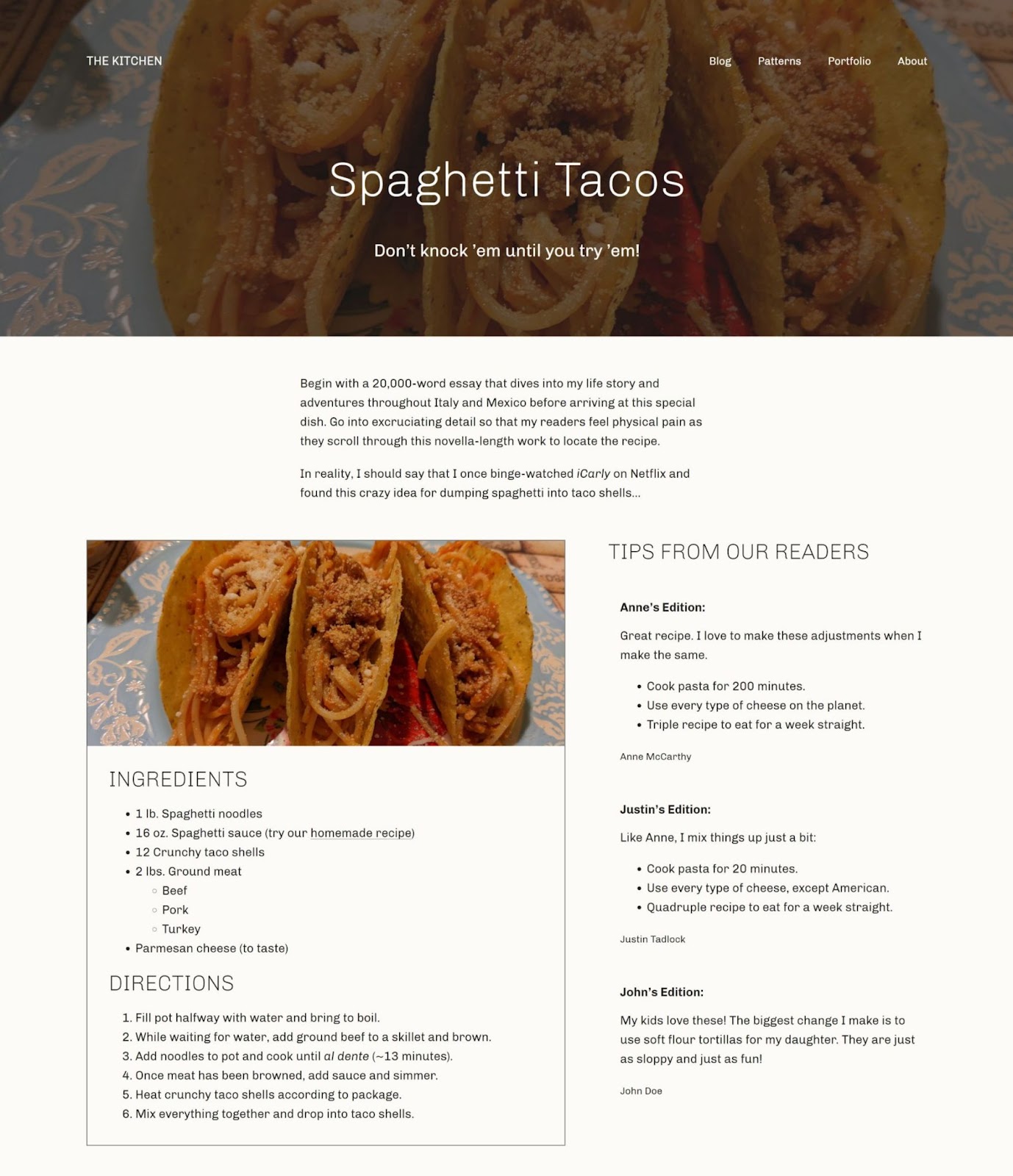 Page showing a simple recipe on spaghetti tacos with tips from readers.
