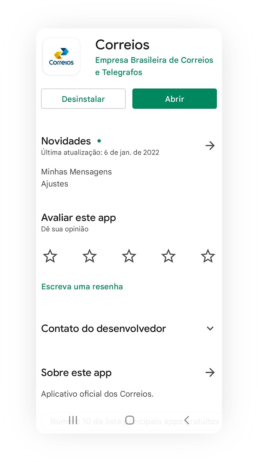 Tela de download do aplicativo dos Correios no Google Play