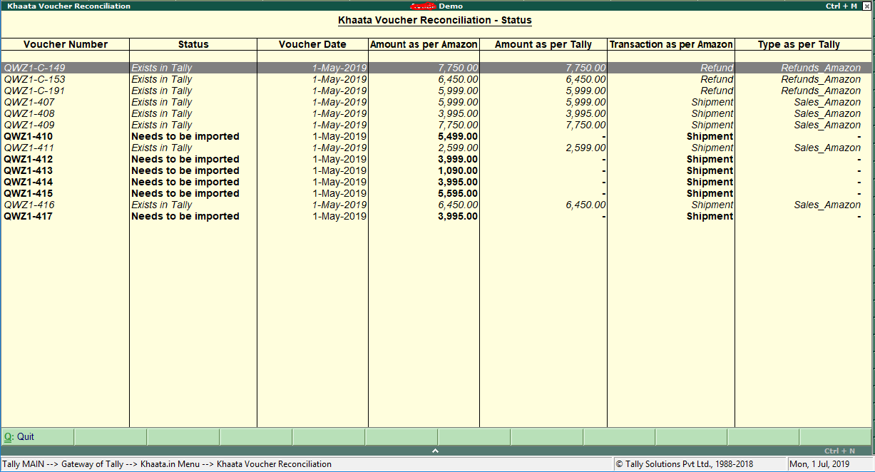 Tally Reconciliation with Amazon sales