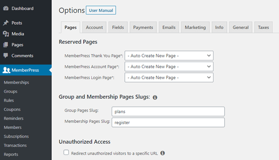 Apenas algumas das opções de configuração no MemberPress