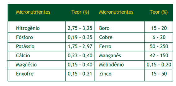 Teores foliares de nutrientes considerados adequados para a cultura do milho 