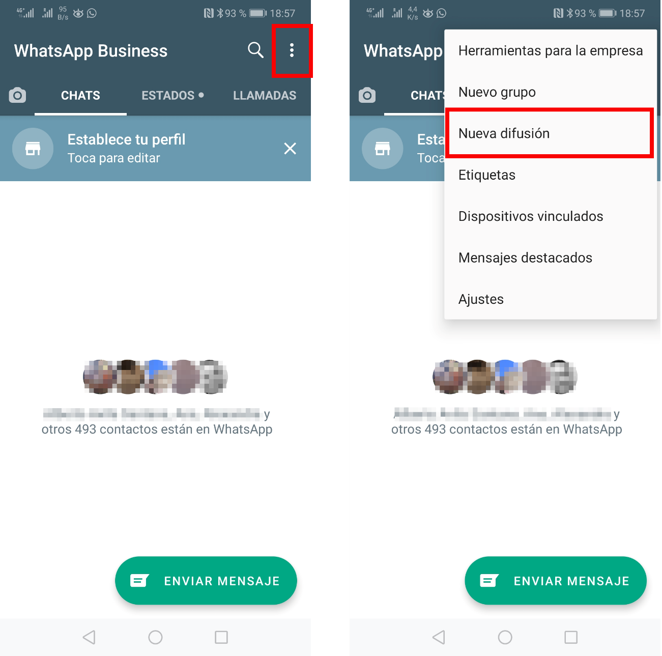 Interfaz de Whatsapp, enviando mensajes masivos.