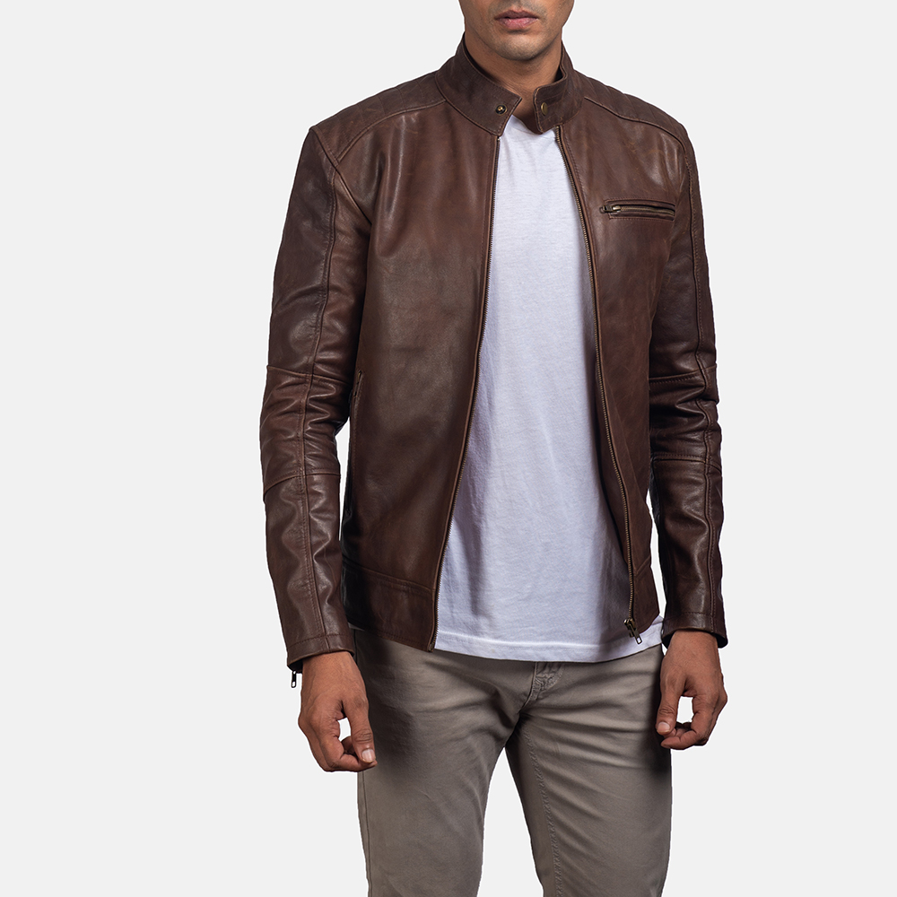Model in Dean Brown Leather Jacket. 