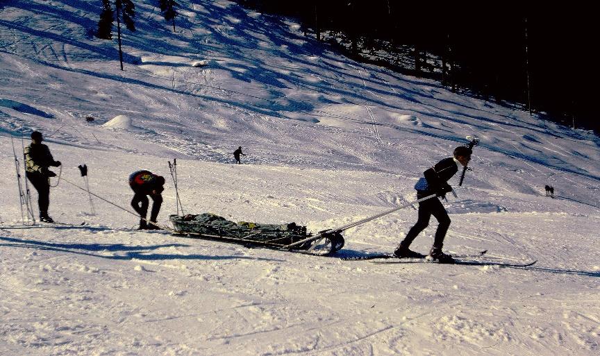 A group of people skiing down a snow covered slope

Description automatically generated