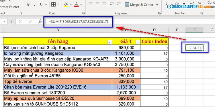 Nhập hàm như hình để cộng theo màu xanh trong Excel