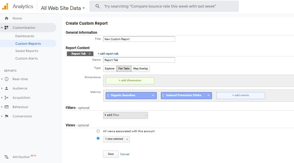 Adding new dimensions and metrics in a Google Analytics custom report