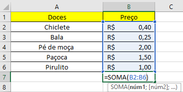 Valores selecionados na célula