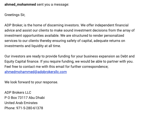 Example of the email from a fake investor