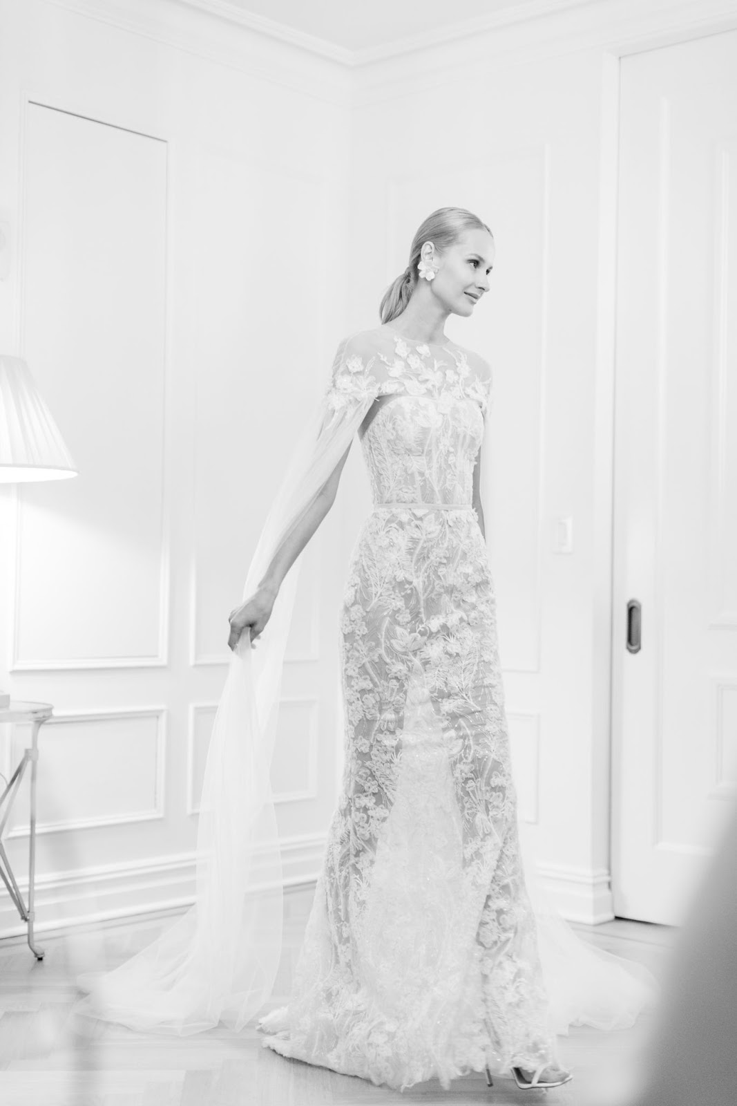 Floral appliques and sheer bridal gown seen on the New York Bridal Week show.