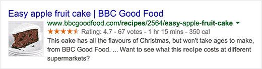 Uma receita nos resultados da pesquisa com dados de rich snippets