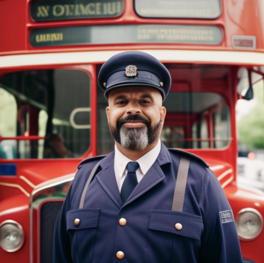 A person in uniform standing in front of a red bus

Description automatically generated with medium confidence