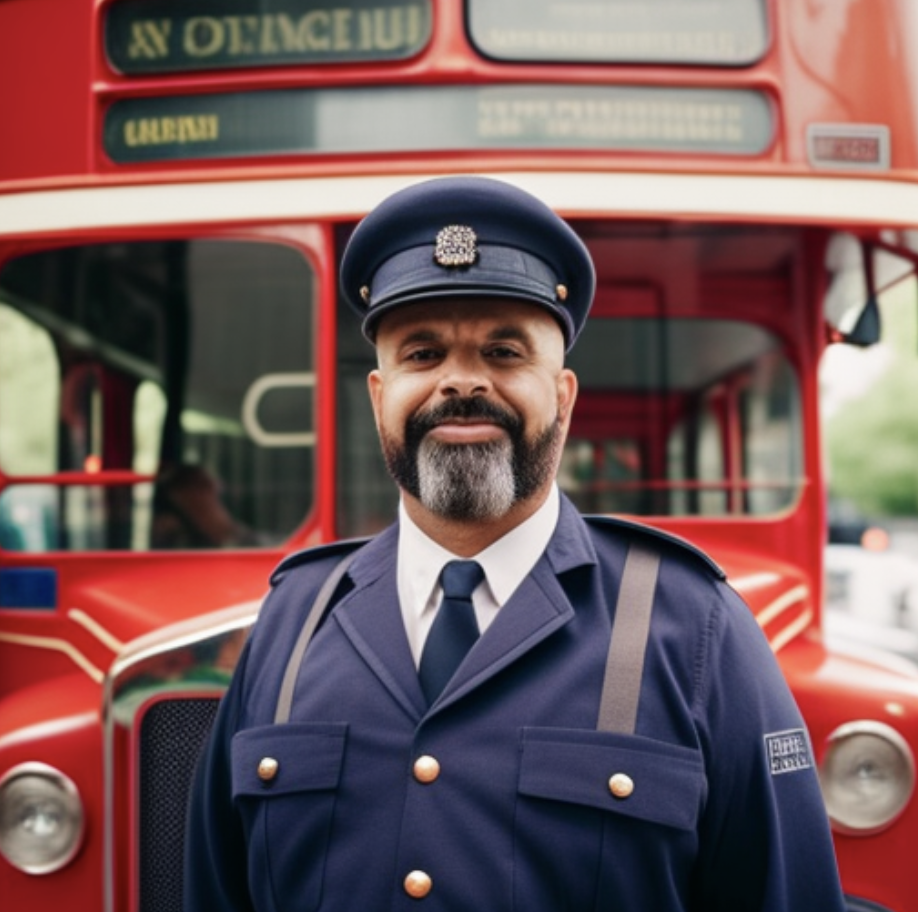 A person in uniform standing in front of a red bus

Description automatically generated with medium confidence