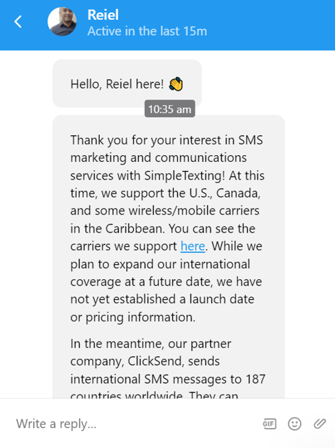 Best Bulk SMS Service Providers | SimpleTexting live chat conversation with their support rep