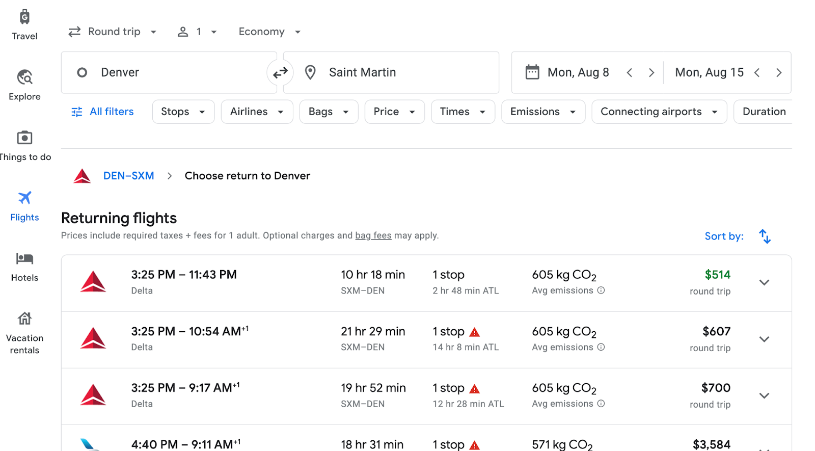 How flight choices are listed in Google Flights