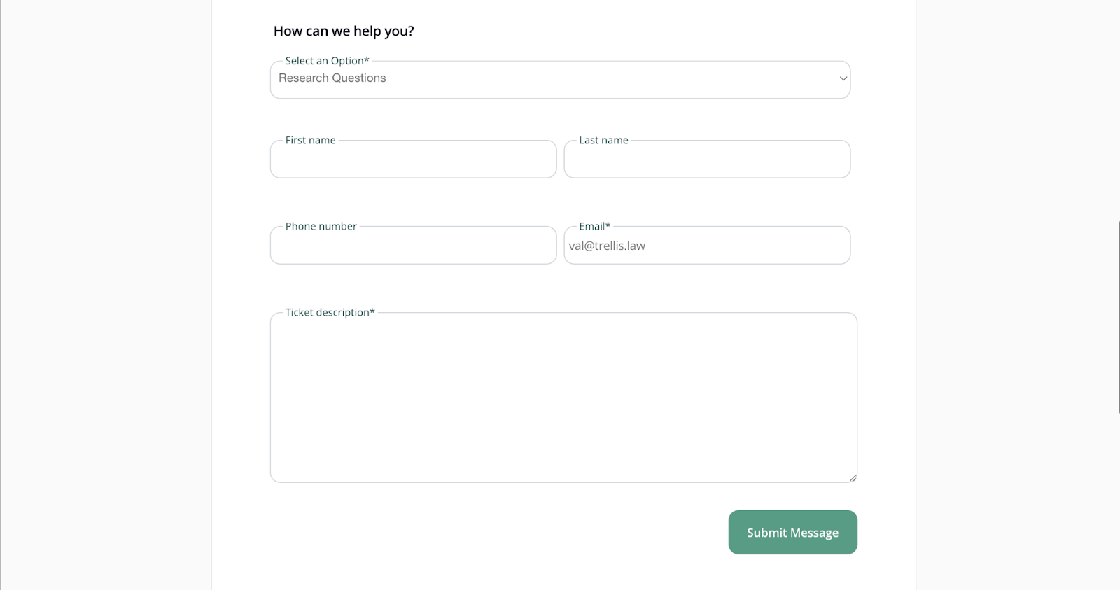 Screenshot of the Contact Form for Research Questions on Trellis Support