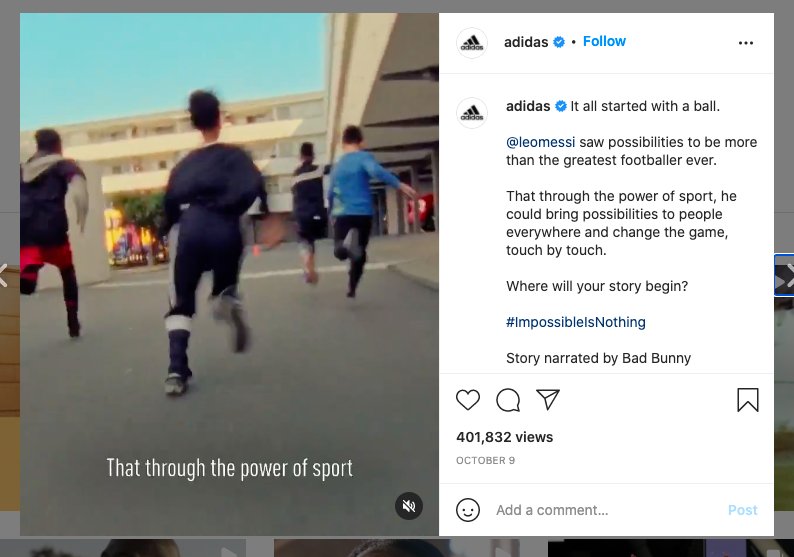 A screenshot of an Instagram post by Adidas that shows how to write engaging social media copy