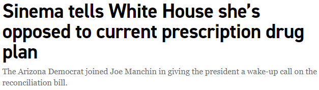 Headline screenshot: Sinema tells White House she's opposed to the current prescription drug plan