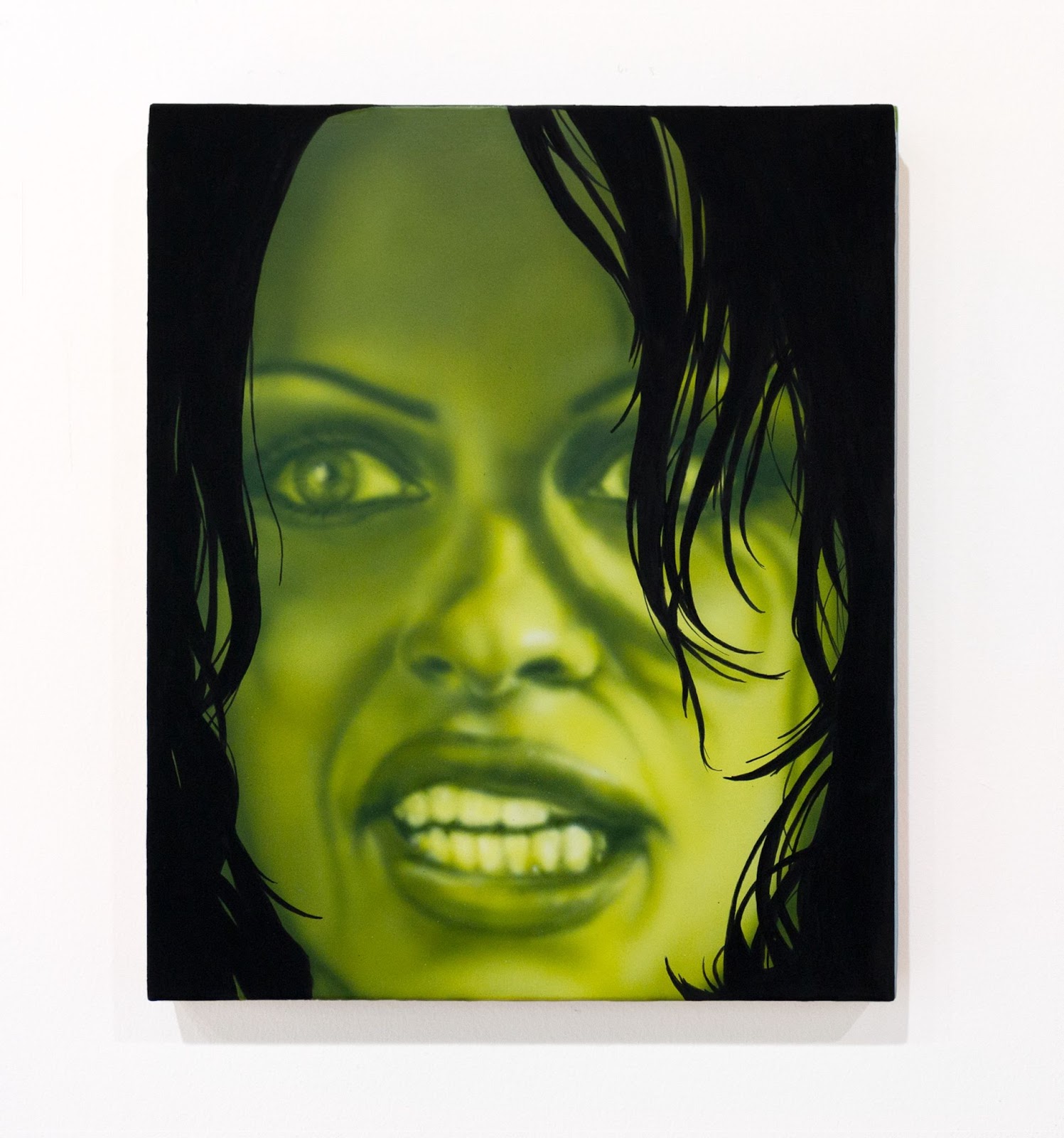 Image: Liza Jo Eilers, I’d Beg to Disagree but Begging Disagrees with Me, 2022. Acrylic and gouache on canvas, 15 x 18 in.  Pamela Anderson’s face dominates the picture plane and is framed by painterly tendrils of jet black hair. Anderson’s expression is a grimace, suspended in shades of green. Courtesy of artist.