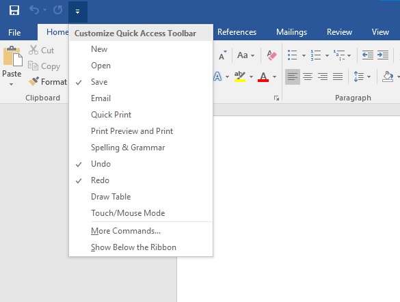 Quick Access Toolbar in MS Word
