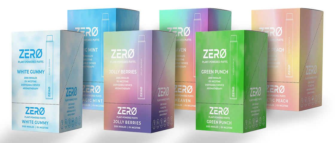 Boxes of ZERO Air nicotine-free vapes in different flavors.
