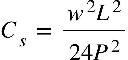 C subscript s space equals space fraction numerator w squared L squared over denominator 24 P squared end fraction <math xmlns="http://www.w3.org/1998/Math/MathML"><msub><mi>C</mi><mi>s</mi></msub><mo> </mo><mo>=</mo><mo> </mo><mfrac><mrow><msup><mi>w</mi><mn>2</mn></msup><msup><mi>L</mi><mn>2</mn></msup></mrow><mrow><mn>24</mn><msup><mi>P</mi><mn>2</mn></msup></mrow></mfrac></math>