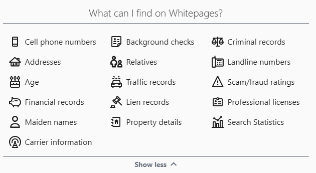 Screenshot from Whitepages homepage -  a list of data you can find on Whitepages, including cell phone numbers, addresses, age, etc. 