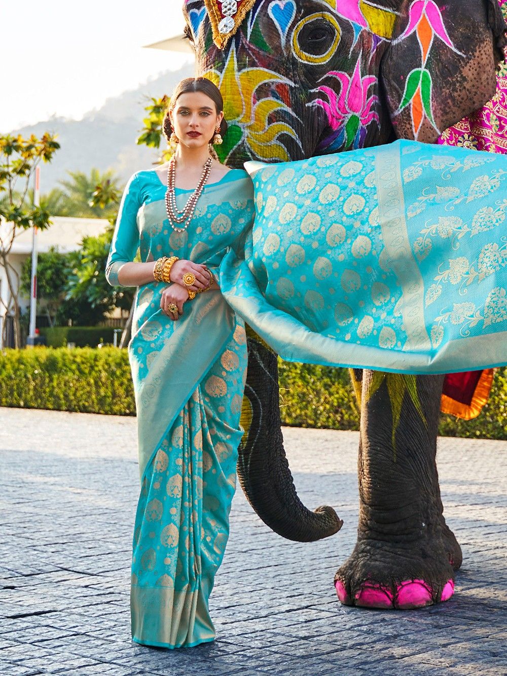 the loom - Sky Blue Woven Silk Kanjivaram Saree