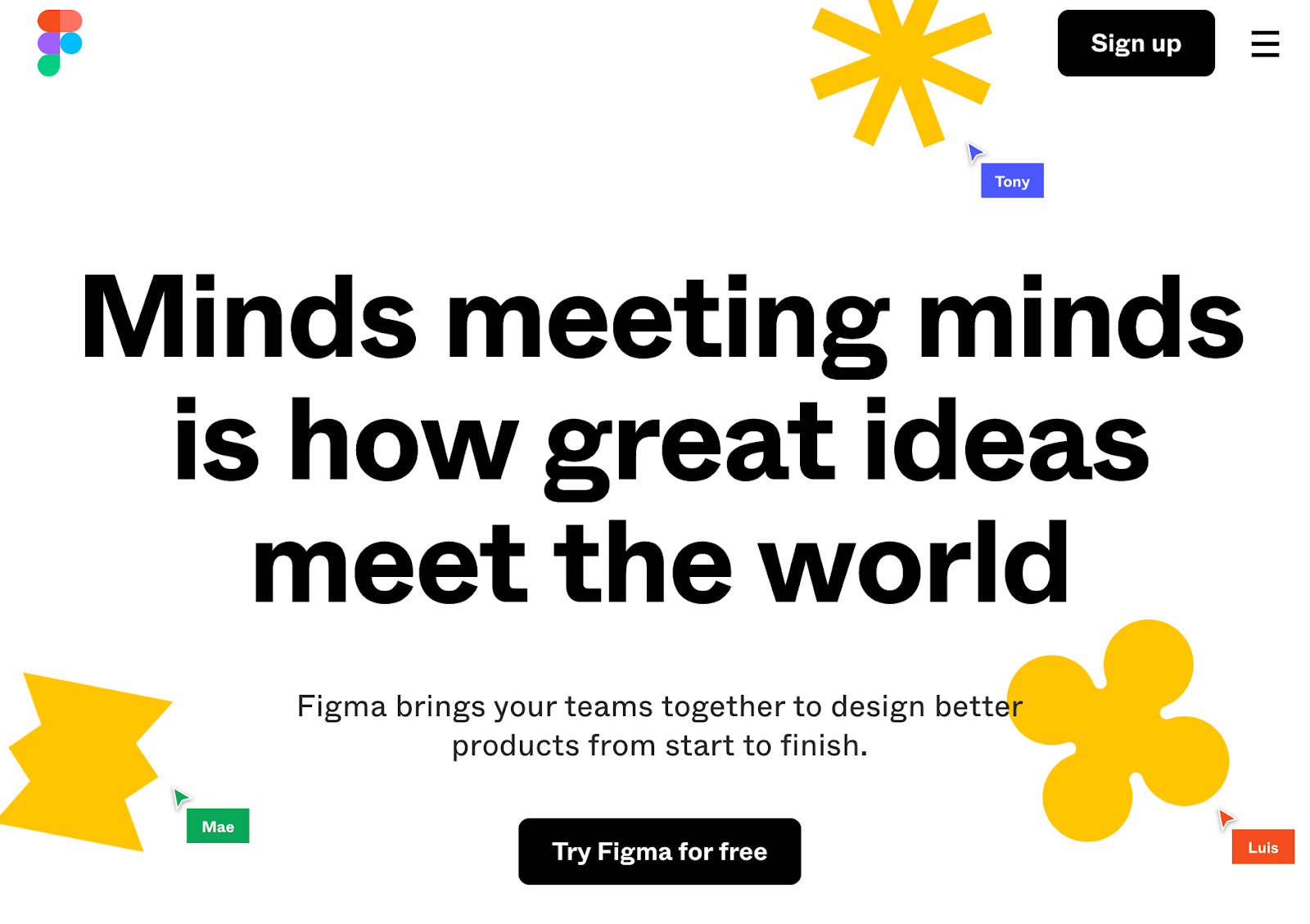 Figma wirefram tool homepage that reads minds meeting minds is how great ideas meet the world