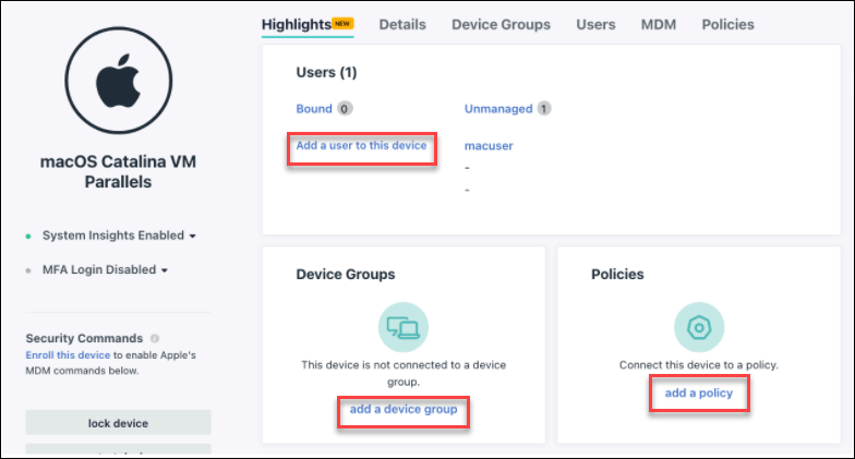 Device Panel Highlights Tab, Add a User to This Device, Add a Device Group, Add a Policy