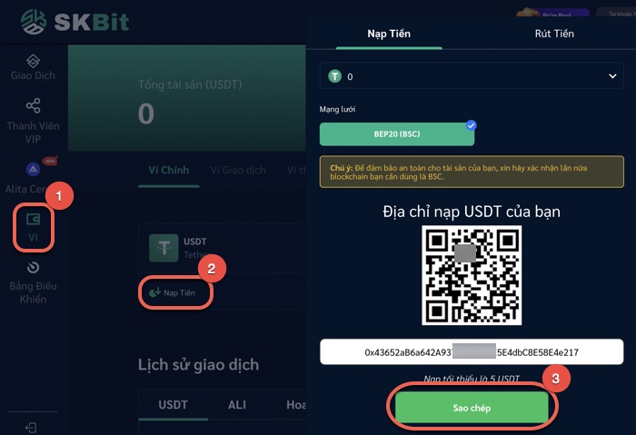Copy địa chỉ ví USDT BEP20 trên sàn SKBit
