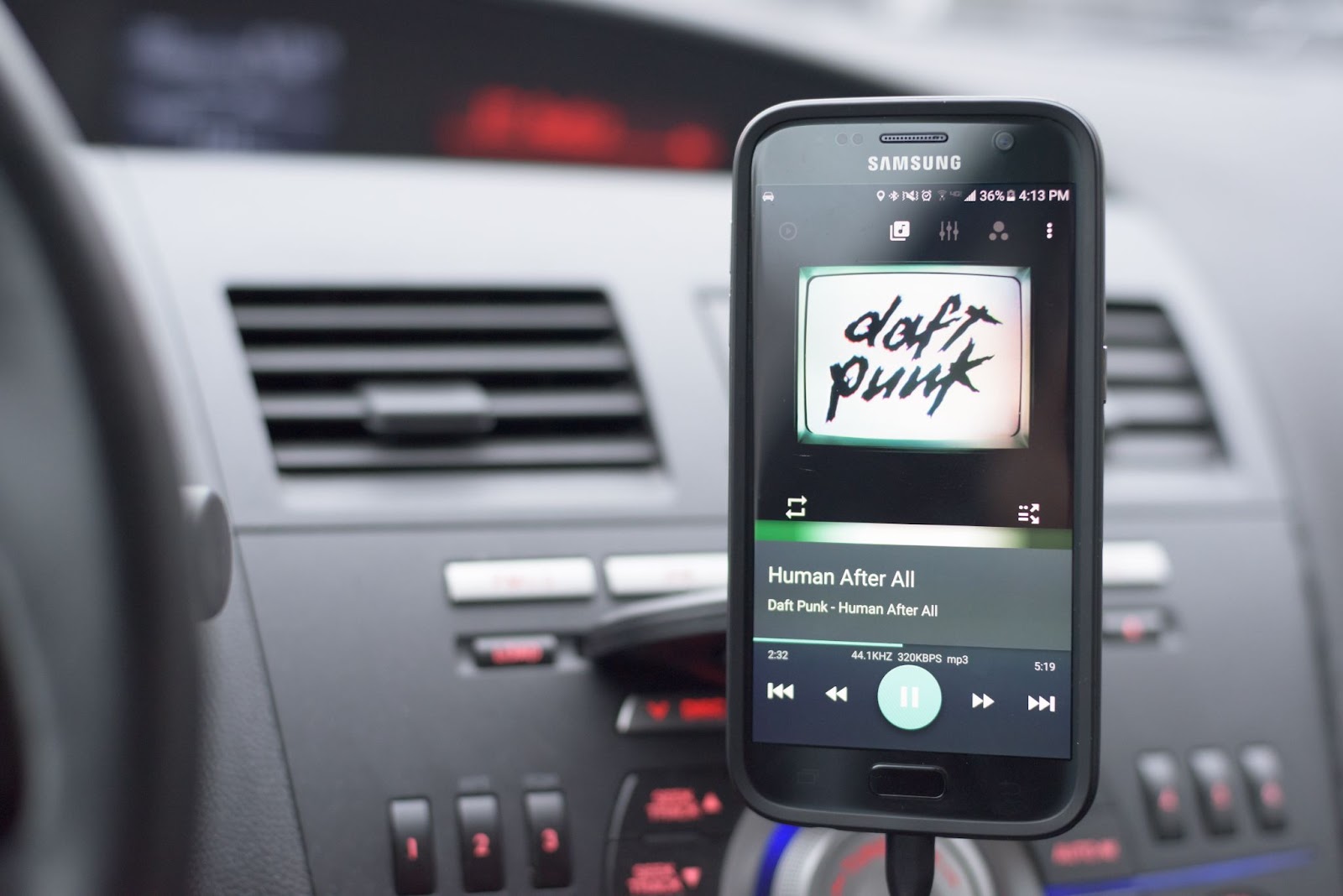 A picture of a Samsung smartphone with a Daft Punk song playing: Amazon Music For Artists 