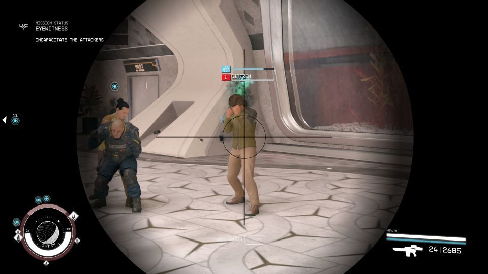 An in game screenshot of the brainwashed citizens from the game Starfield. 