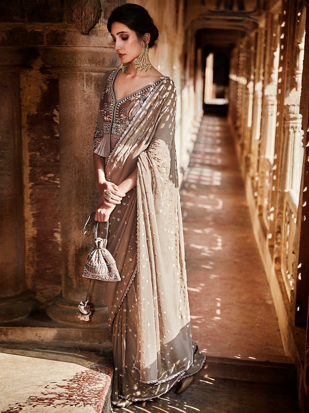 the loom - Grey Hand Embroidered Georgette Saree 