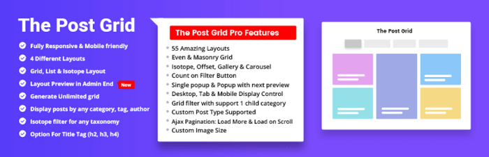 The main banner for The Post Grid Banner, one of the more popular WordPress grid plugins.