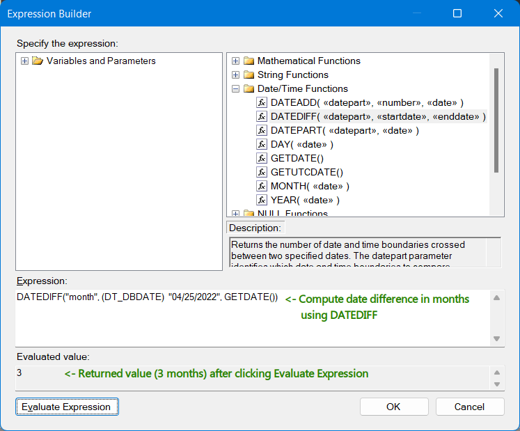 SSIS DateTime function DATEDIFF used to compute the difference in months between 2 dates.