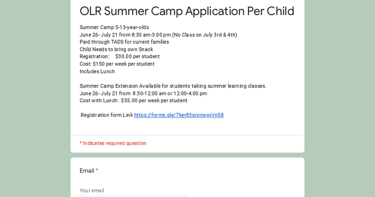 OLR Summer Camp Application Per Child