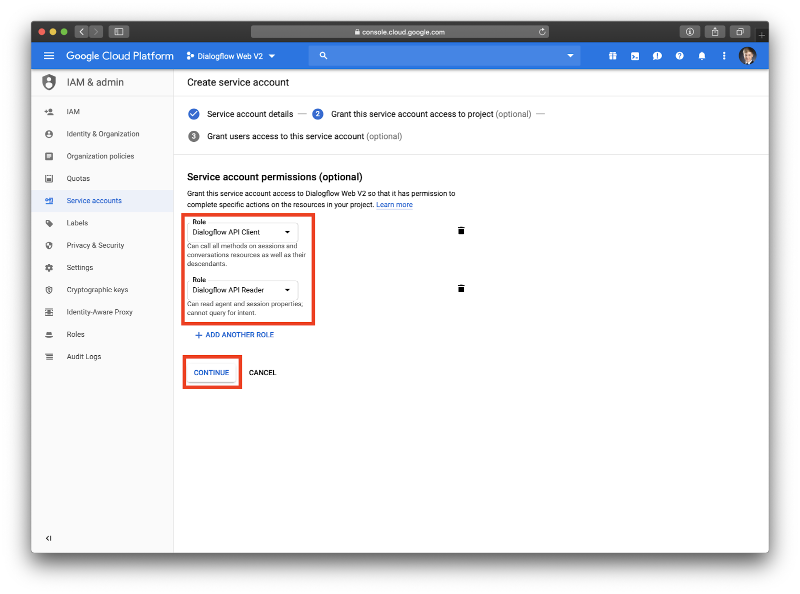 Dialogflow Gateway Service Account permissions